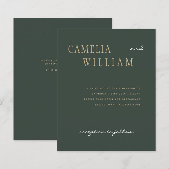 BUDGET Modern Wedding Moss Green Gold Invitation (Front/Back)