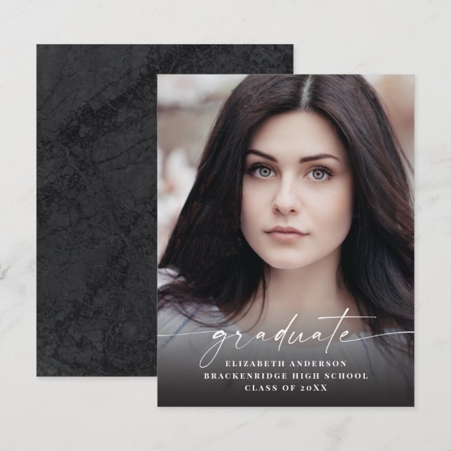 Budget Modern White Script Photo Graduation Announcement (Front/Back)