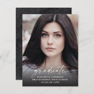 Budget Modern White Script Photo Graduation Announcement