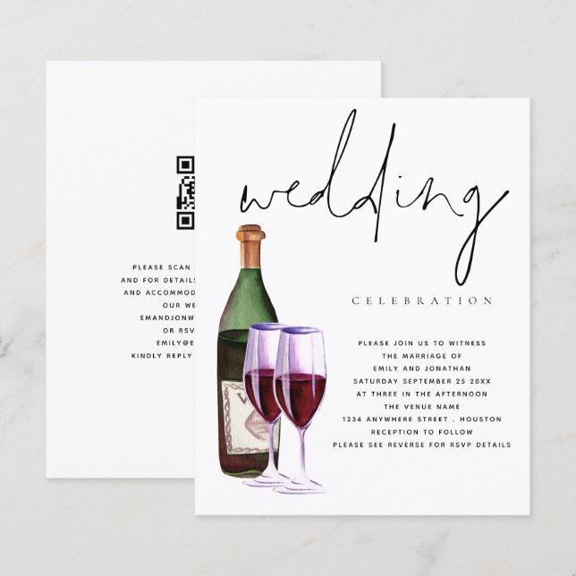 Budget Modern Wine Bottle Glasses Wedding Invite (Front/Back)