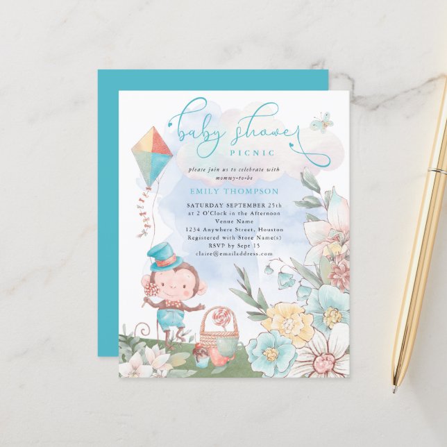 Budget Monkey Boy Baby Shower Picnic Invitation (Front/Back In Situ)