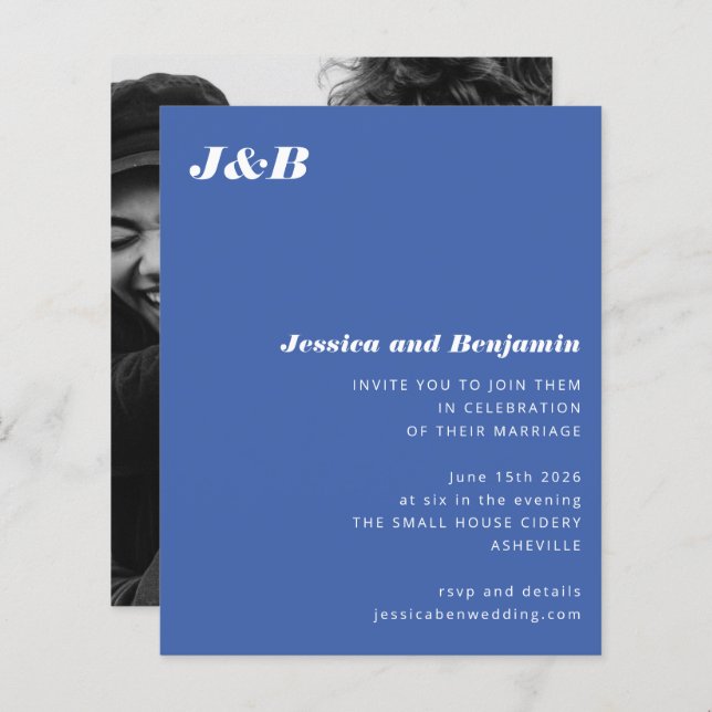 Budget Monogram Blue Photo Wedding Invitation (Front/Back)