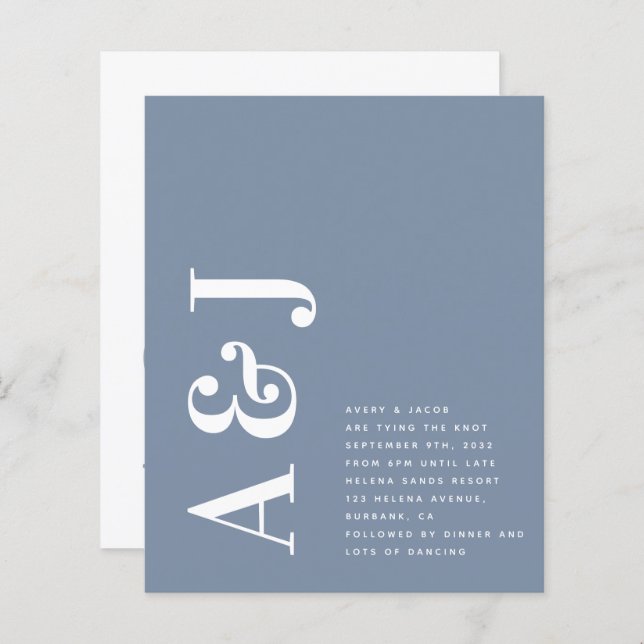 Budget Monogram Blue QR Code Wedding Invitation (Front/Back)