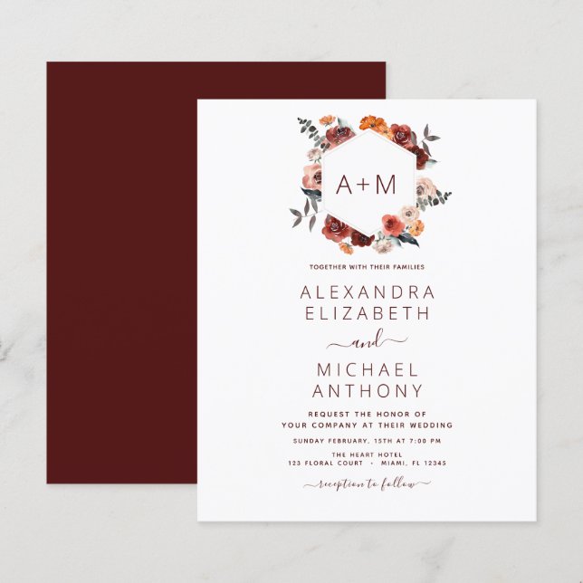 Budget Monogram Burgundy Floral Greenery Wedding (Front/Back)