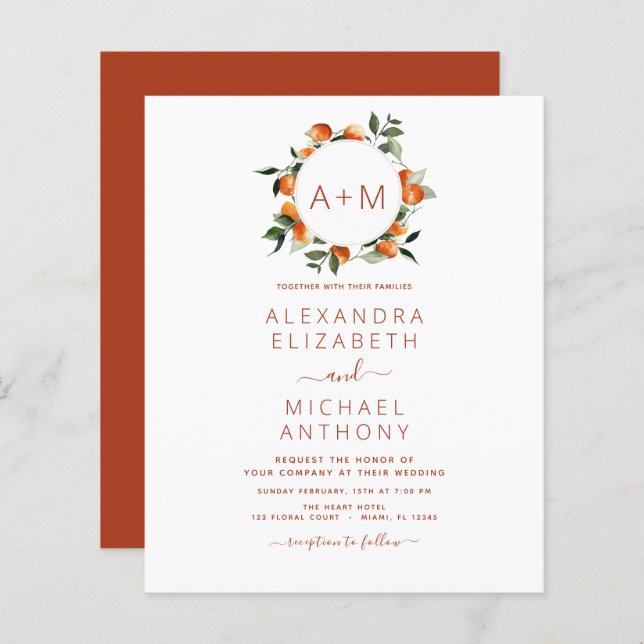 Budget Monogram Burnt Orange Citrus Fruit Wedding (Front/Back)