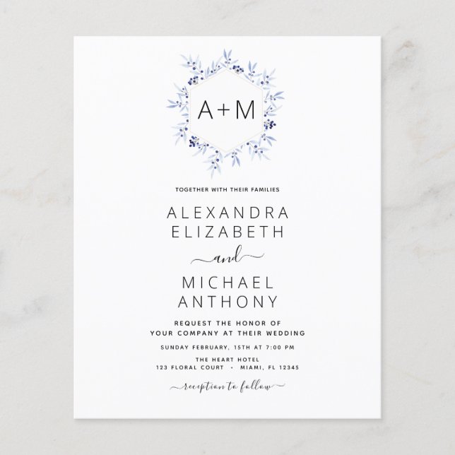 Budget Monogram Dusty Blue Floral Wedding Flyer (Front)