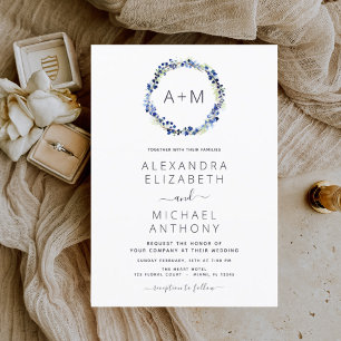 Budget Monogram Dusty Blue Floral Wreath Wedding Flyer