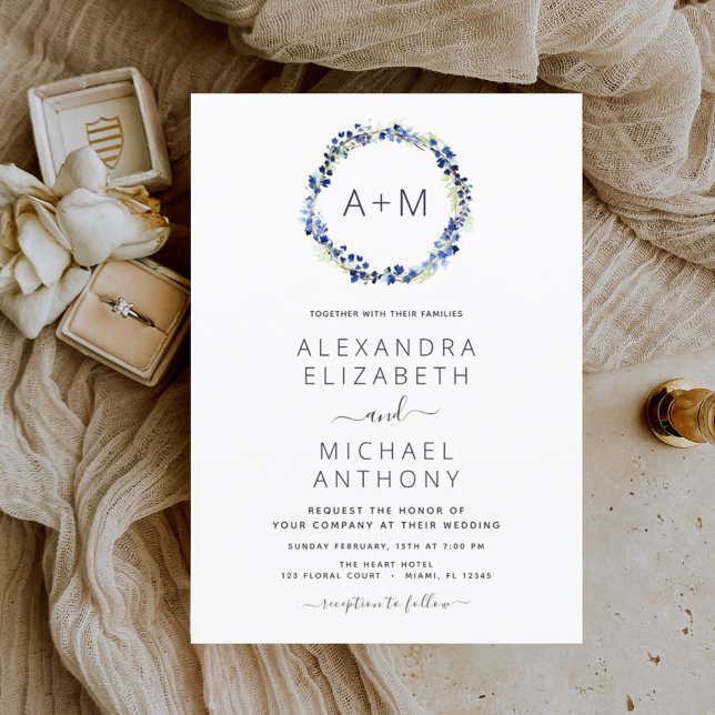 Budget Monogram Dusty Blue Floral Wreath Wedding Flyer (Creator Uploaded)