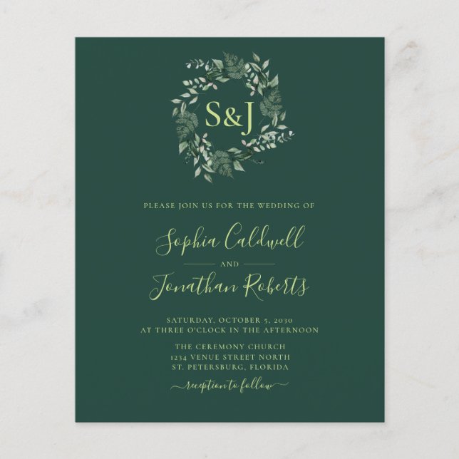 Budget Monogram Emerald Green Wedding Invitation (Front)