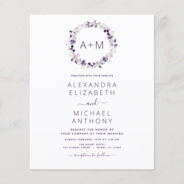 Budget Monogram Floral Dusty Purple Wedding Flyer (Front)