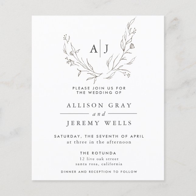 Budget Monogram Floral Wedding Invitation Flyer (Front)