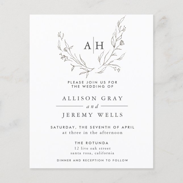 Budget Monogram Floral Wedding Invitation Flyer (Front)