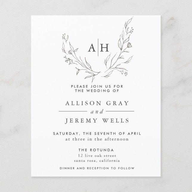 Budget Monogram Floral Wedding Invitation Flyer (Front)