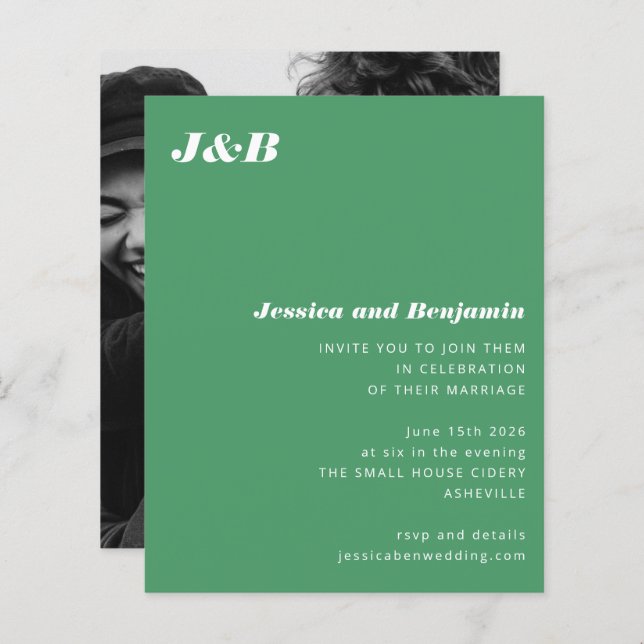 Budget Monogram Green Photo Wedding Invitation (Front/Back)