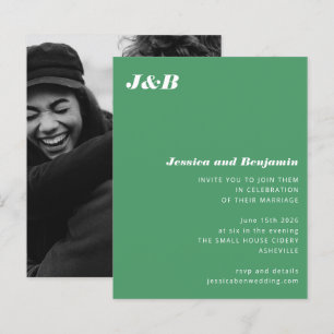 Budget Monogram Green Photo Wedding Invitation