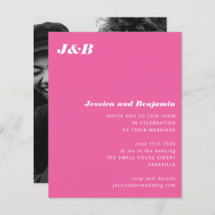 Budget Monogram Hot Pink Photo Wedding Invitation