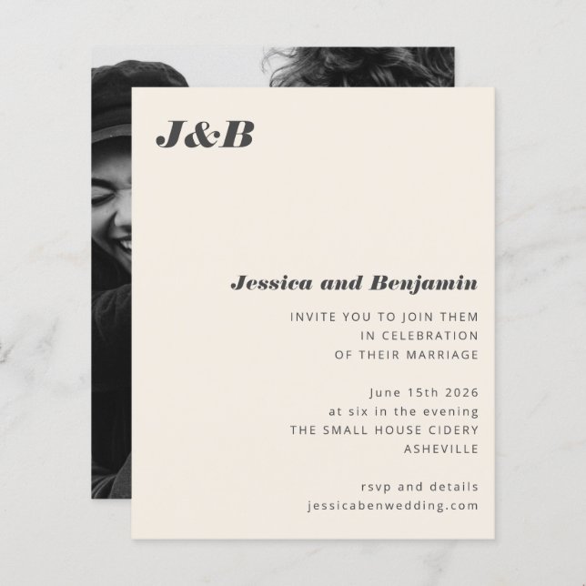 Budget Monogram Ivory Photo Wedding Invitation (Front/Back)