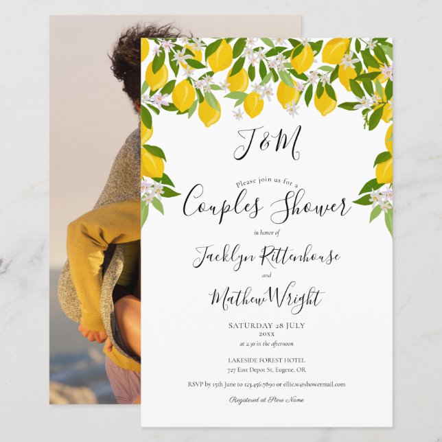 Budget Monogram Lemons Couples Shower Photo Invite (Front/Back)