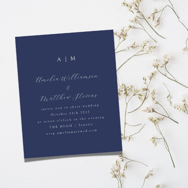Budget Monogram Navy Blue Minimal Wedding Invite (Creator Uploaded)