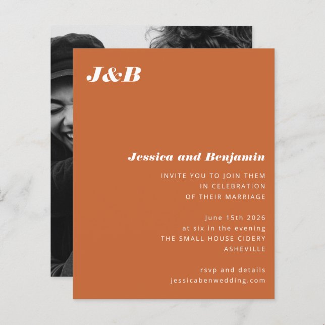 Budget Monogram Orange Photo Wedding Invitation (Front/Back)