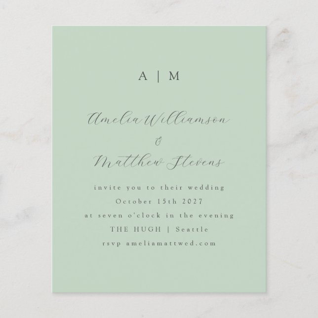 Budget Monogram Pistachio Mint Wedding Invitation (Front)