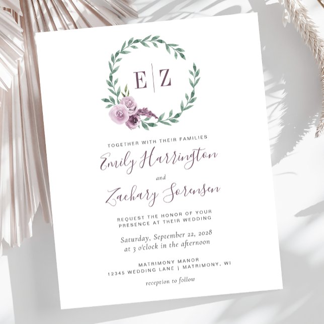 Budget Monogram Purple Floral Wedding Invitation (Creator Uploaded)