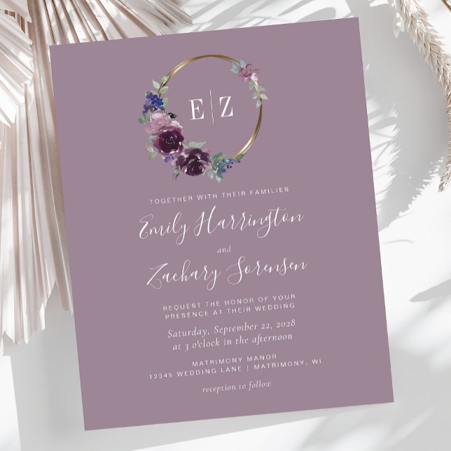 Budget Monogram Purple Wreath Mauve Wedding Invite (Creator Uploaded)