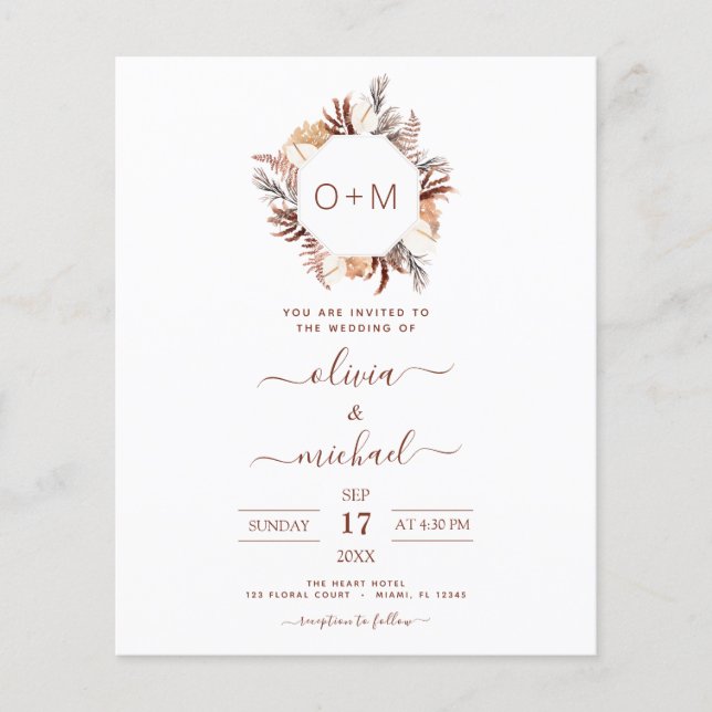 Budget Monogram Terracotta Pampas Grass Wedding Flyer (Front)