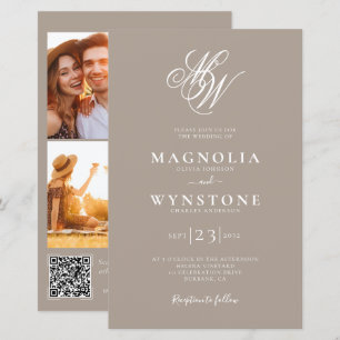 Budget Monogram Wedding Invitation   Taupe QR Code