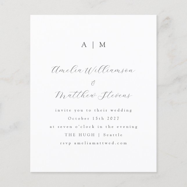 Budget Monogram White Minimal Wedding Invitation (Front)