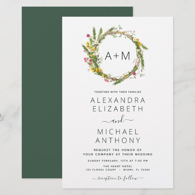 Budget Monogram Wildflowers Emerald Green Wedding (Front/Back)