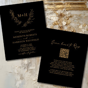 Budget Monogram Wreath Black Wedding Invite