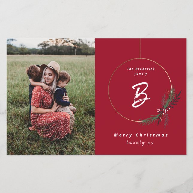 Budget Monogram Wreath Photo Christmas Card (Front)