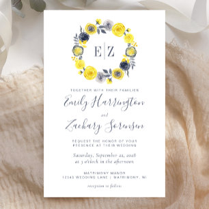 Budget Monogram Yellow Grey Floral Wedding Invite
