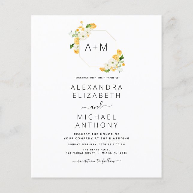 Budget Monogram Yellow Orange Floral Wedding Flyer (Front)