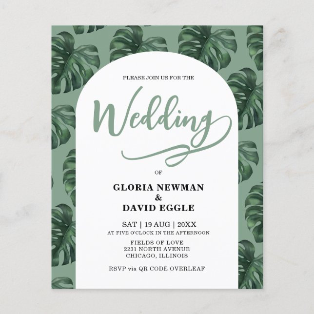 Budget Monstera Leaves Wedding QR Code Invitation (Front)