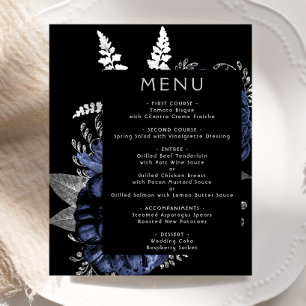 Budget Moody Floral Navy Blue Silver Wedding Menu