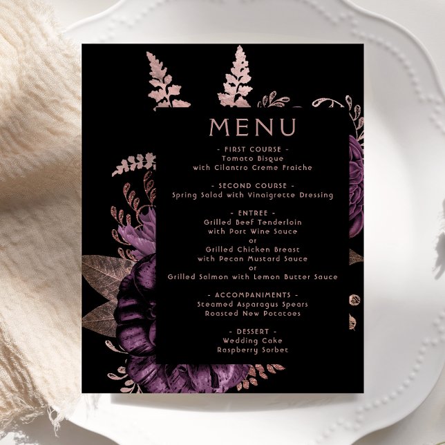 Budget Moody Floral Purple Rose Gold Wedding Menu (Creator Uploaded)