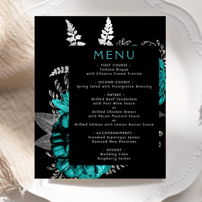 Budget Moody Floral Teal Silver Wedding Menu (Creator Uploaded)