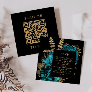 Budget Moody Floral Turquoise Gold QR Code RSVP Enclosure Card