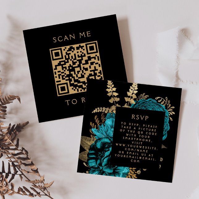 Budget Moody Floral Turquoise Gold QR Code RSVP Enclosure Card (Creator Uploaded)