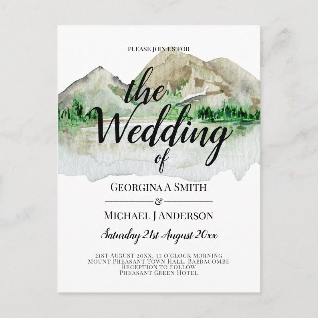 Budget Mountain Lake Watercolor Wedding Invitation Postcard (Front)
