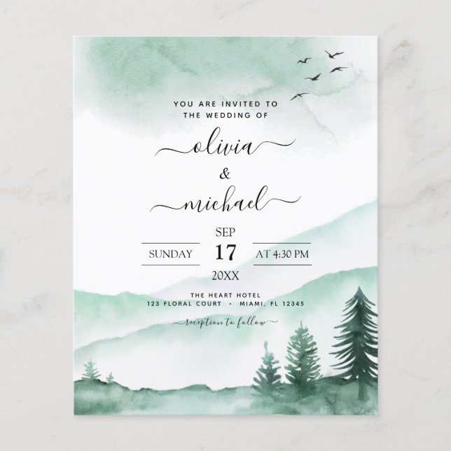 Budget Mountain Rustic Watercolor Greenery Wedding (Front)