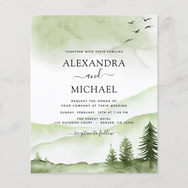Budget Mountain Rustic Watercolor Greenery Wedding Flyer (Front)