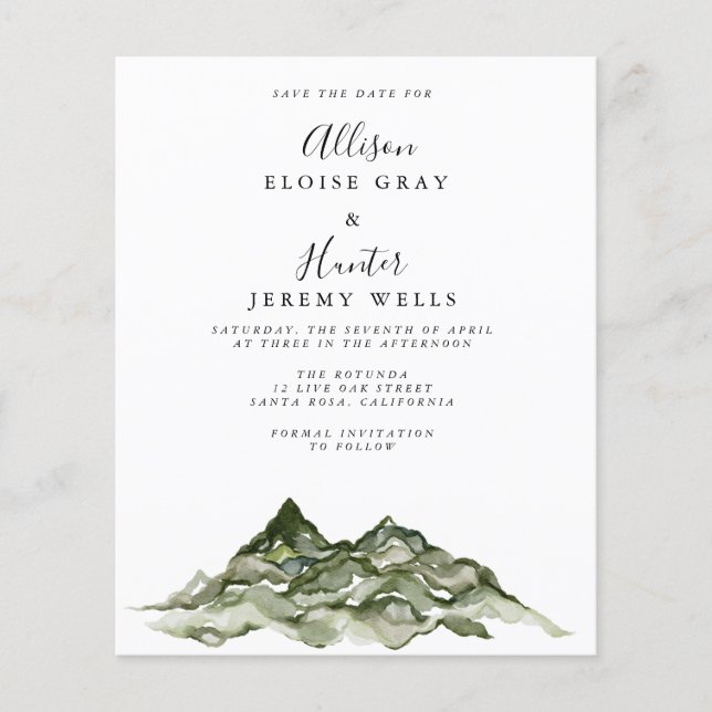 Budget Mountain Save the Date Flyer (Front)