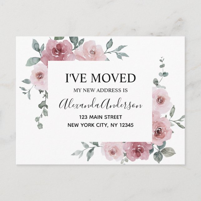 Budget Moving Announcement Dusty Pink Floral Postc Postcard (Front)