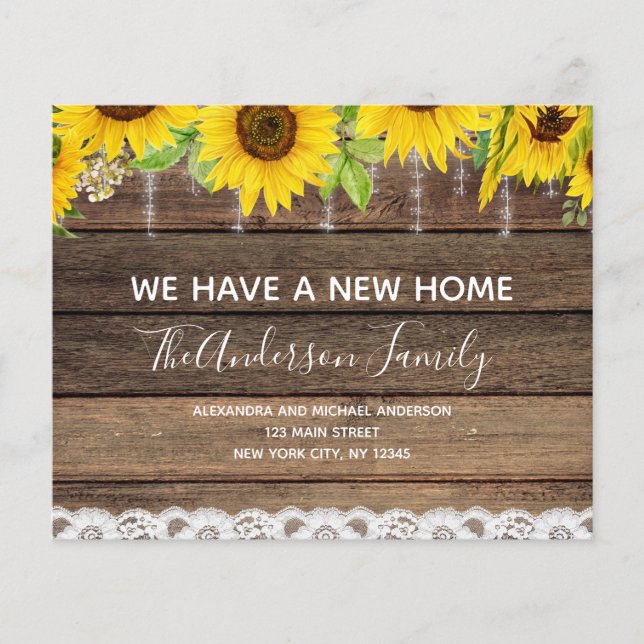 Budget Moving Announcement Rustic Sunflower Wood (Front)