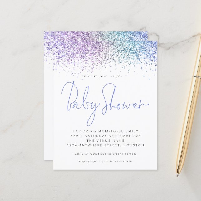 Budget Multicolor Glitter Baby Shower Invitation (Front/Back In Situ)
