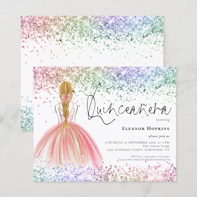 Budget Multicolor Glitter Blonde Quinceanera Invit (Front/Back)