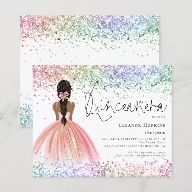 Budget Multicolor Glitter Dark Quinceanera Invite (Front/Back)